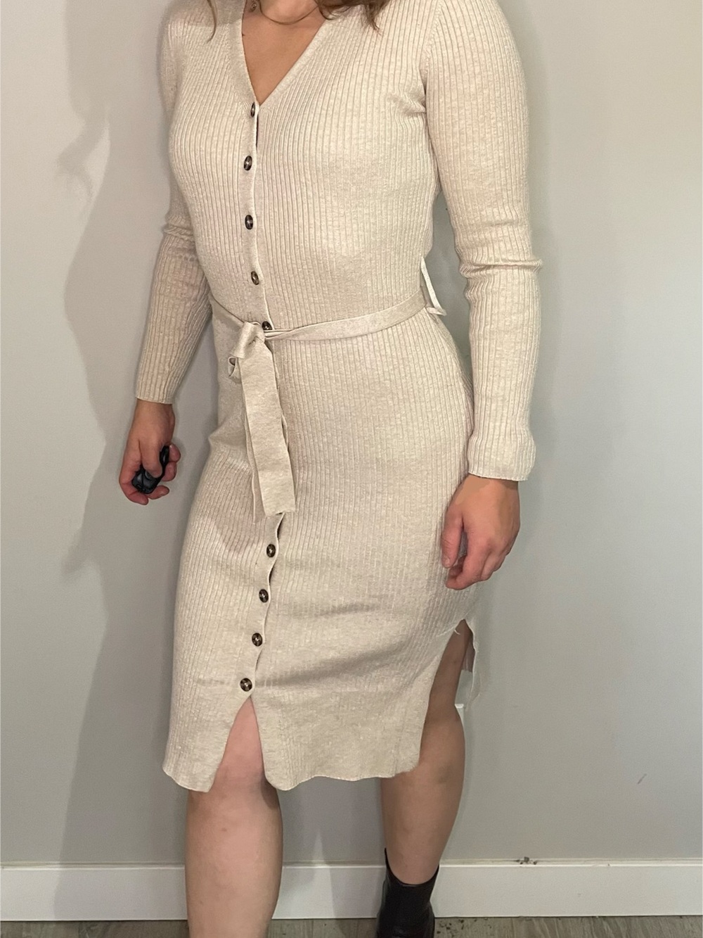Pink Rose Cream Ribbed Button-Front Belted Midi Dress - Size Medium